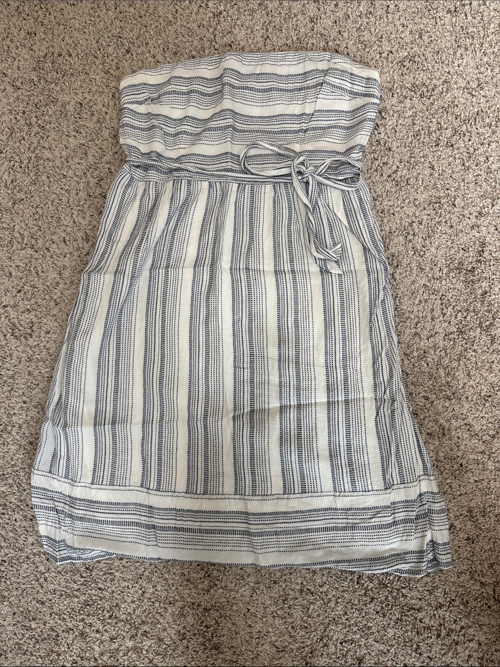 LOFT Strapless Navy and White Striped Tie-Waist Dress
